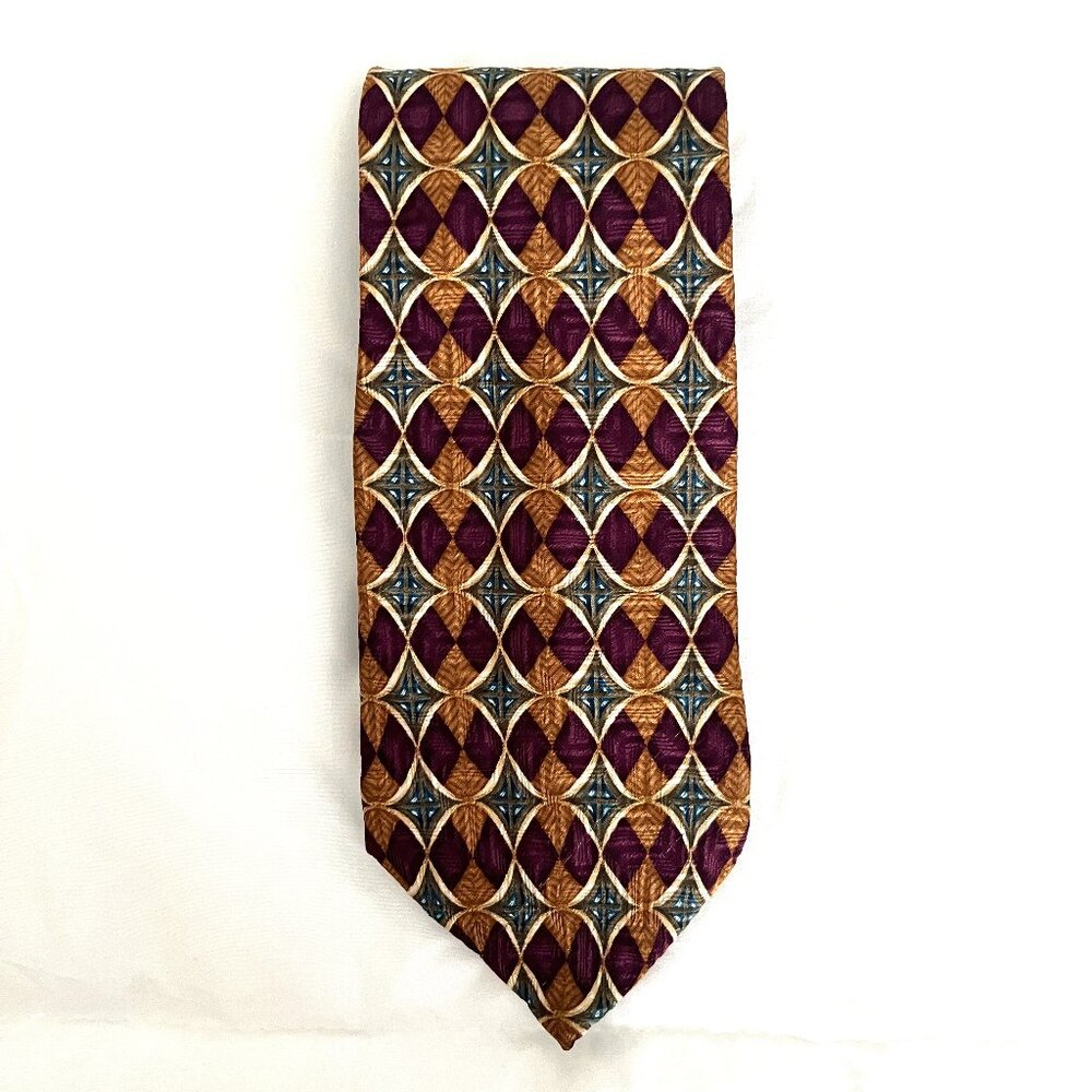 Ferrell Reed Handsewn Imported Silk Maroon Diamond Gold Beige Blue Necktie Retro